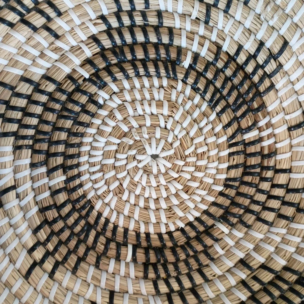 Handwoven Seagrass Coiled Wall Basket‎ Black White Spiral Boho Decor 14.5 Inch